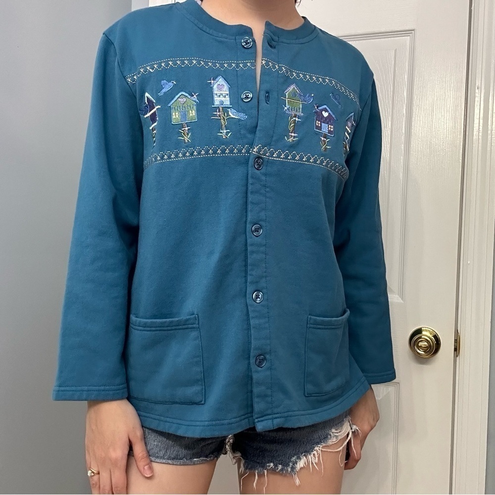 Vintage Sweater Cardigan Grandma Embroidered Bird Animal Kawaii Medium Petite